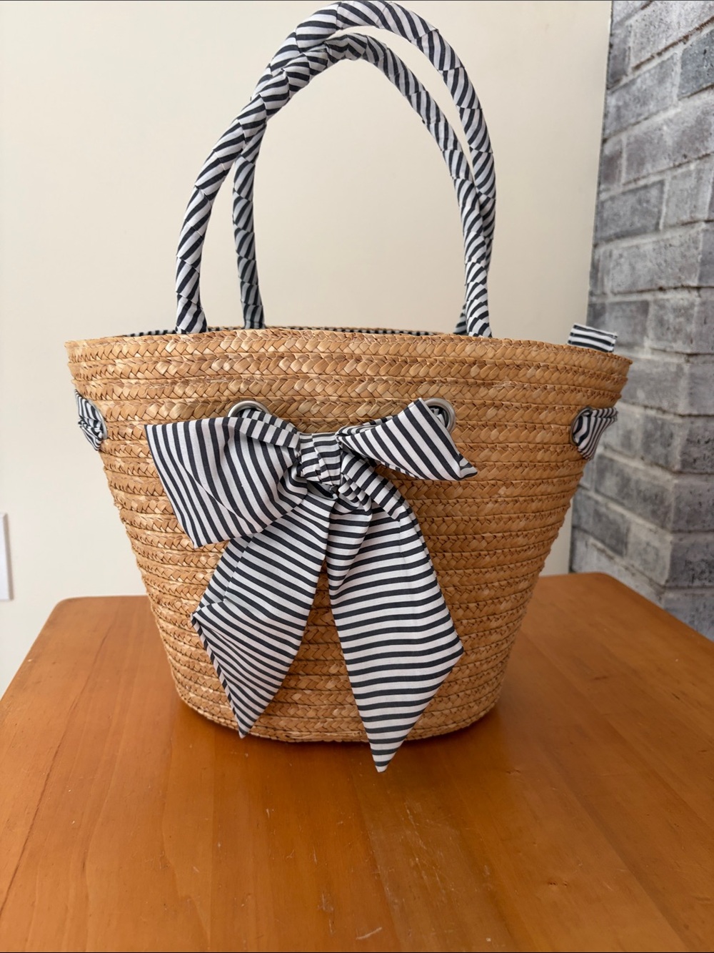 Preppy Straw Basket Tote Bag with Blue & White Striped Bow
